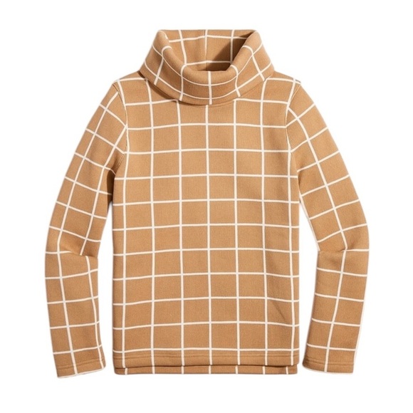 J. Crew Windowpane Fleece Lined Funnelneck Pullover Sweater Camel Tan Size M - Picture 2 of 11
